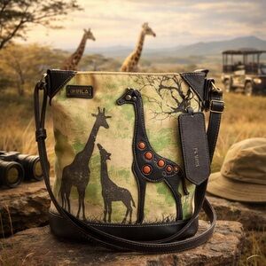 Chala Handbags Giraffe Crossbody Bag Safari Canvas & Faux Leather Animal Purse